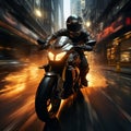 Urban motorcyclist, helmet in hand, speeds through cityscape on sleek chopper