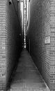 Urban, Narrow brick alleyway. A textured contrasting walkway that tapers to a vanishing point. Royalty Free Stock Photo