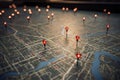 Urban navigation Red pins on city map, guiding exploratory routes Royalty Free Stock Photo