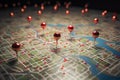 Urban navigation Red pins on city map, guiding exploratory routes Royalty Free Stock Photo