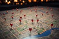 Urban navigation Red pins on city map, guiding exploratory routes Royalty Free Stock Photo