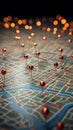 Urban navigation Red pins on city map, guiding exploratory routes Royalty Free Stock Photo