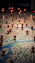 Urban navigation Red pins on city map, guiding exploratory routes Royalty Free Stock Photo