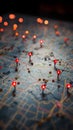 Urban navigation Red pins on city map, guiding exploratory routes Royalty Free Stock Photo