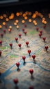 Urban navigation Red pins on city map, guiding exploratory routes Royalty Free Stock Photo