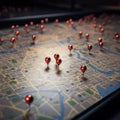 Urban navigation Red pins on city map, guiding exploratory routes