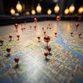 Urban navigation Red pins on city map, guiding exploratory routes Royalty Free Stock Photo