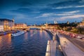 Urban night background, Moscow, the capital of Russia. Embankment in the city center, view of the river and the historic center o Royalty Free Stock Photo