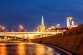 Urban night background, Moscow, the capital of Russia. Embankment in the city center, view of the river and park Zaryadye Royalty Free Stock Photo