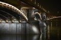 Urban nightscape, illuminated bridge