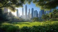 Urban oasis park skyline sunrise, green space Royalty Free Stock Photo