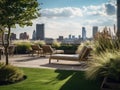 Urban Oasis: Rooftop garden with loungers and city panorama