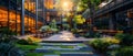 Urban Oasis: Serene Office Plaza with CafÃÂ© and Greenery. Concept Office Design, CafÃÂ©, Greenery,