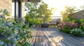 Urban oasis stylish city terrace with wood deck, green plants, and outdoor furniture for relaxing