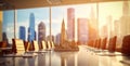 Urban Office Environment Blurred Large Meeting Room with Cityscape Background Royalty Free Stock Photo