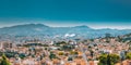 Urban panorama, aerial view, cityscape of Marseille, France. Sunny summer day with bright blue sky. Cityscape of
