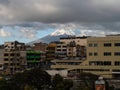 Urban panorama view cityscape skyline of Latacunga city with Volcano Cotopaxi in andes mountains Ecuador South America
