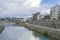 Urban or park background featuring Saigawa river and bridges across in residential district of Kanazawa