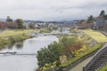 Urban or park background featuring Saigawa river and bridges across in residential district of Kanazawa