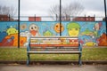 urban park bench near a fence with graffiti patterns Royalty Free Stock Photo
