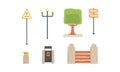 Urban Park Decor Elements Set, City Landscape Construction Design, Lamppost, Road Sign, Trash Bin Cartoon Vector
