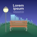 Urban Park In Evening Wooden Bench Under Lantern On City Buildings Template Background