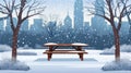 Urban park landscape with snowy winter scenery, wooden benches, leafless trees and bushes, silhouetted buildings on Royalty Free Stock Photo