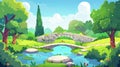 An urban park landscape with stone bridge over a river or pond and green trees and grass. Cartoon modern of a summer sky Royalty Free Stock Photo