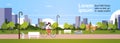 Urban park outdoors woman cycling people relaxing picnic street lamps cityscape concept horizontal banner flat copy