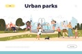 Urban parks concept of landing page with people walking in summer park with fountain