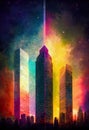 Urban peaks. A view of the skyline. Moonlit metropolis. A rainbow of colors. AI-generated