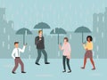 Urban people under umbrellas in rainy day vector illustration. Rain, grey clouds and bad weather in the cities. Royalty Free Stock Photo