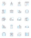 Urban planning linear icons set. Infrastructure, Architecture, Zoning, Transportation, Sustainability, Density