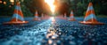 Urban Planning: Sunlit Road Under Construction with Orange Traffic Cones. Concept Infrastructure Royalty Free Stock Photo