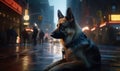 Urban Protector Photo of guide dog majestic German Shepherd standing alert in front of bustling city street. setting emphasizes