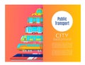 Urban public transport poster includes bus, minibus, taxi, tram cartoon vector illustration.