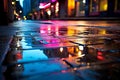 Urban Rain with Reflections in Puddles close up