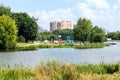 urban recreation area on pond on hot summer day