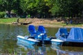 Urban recreational lake park catamarans in water