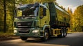 Urban recycling waste services. Green garbage truck Royalty Free Stock Photo
