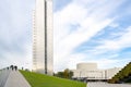 Dusseldorf - urban redevelopment. Diagonally rising walkable green roof, three-slice high-rise, Schauspielhaus, green walls