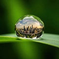 Urban reflection inside a drop of water on a sheet. Royalty Free Stock Photo