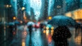 Urban Reflections: Rainy Cityscape with Raindrops on windows, Wet Pavements, and Umbrella-Wielding Pedestrians