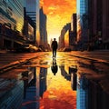 Urban Reflections: A Shadowy Figure Stands Amongst Tall Skyscrapers Mirrored in a Puddle