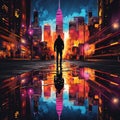 Urban Reflections: A Shadowy Figure Stands Amongst Tall Skyscrapers Mirrored in a Puddle