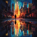 Urban Reflections: A Shadowy Figure Stands Amongst Tall Skyscrapers Mirrored in a Puddle