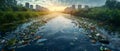 Concept Pollution, Environment, Climate Crisis, River, Sunset Urban River Choked by Waste at Sunset Royalty Free Stock Photo