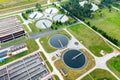 Urban river water treatment, water filtration and purification, top view of the treatment plant