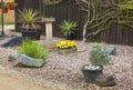 Urban rockery garden with grasses and shrubs.