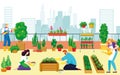 Urban roof landscaping kitchen garden people together organic vegetable, farmer character grow plants cityspace flat